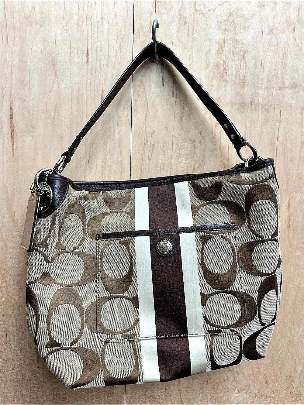 Coach Hamptons Signature Stripe Hobo Bag Brown & White